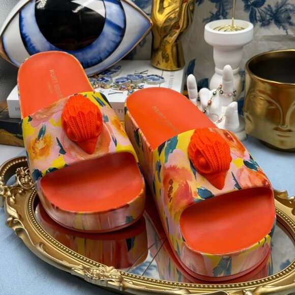 🆕 KURT GEIGER LONDON 🧿 NWOB Eagle Chunky Rubber Slide, Orange Floral, Sz US 7 - Picture 4 of 14